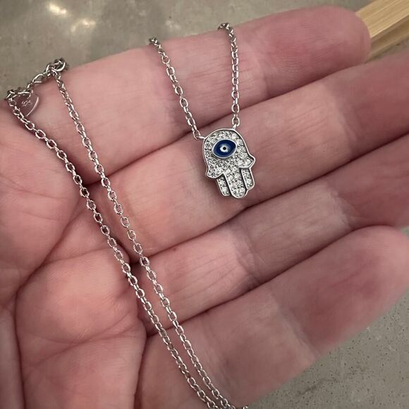 Sterling Silver Hamsa CZ Necklace with Evil Eye, Minimalist, Protection - Picture 4 of 7